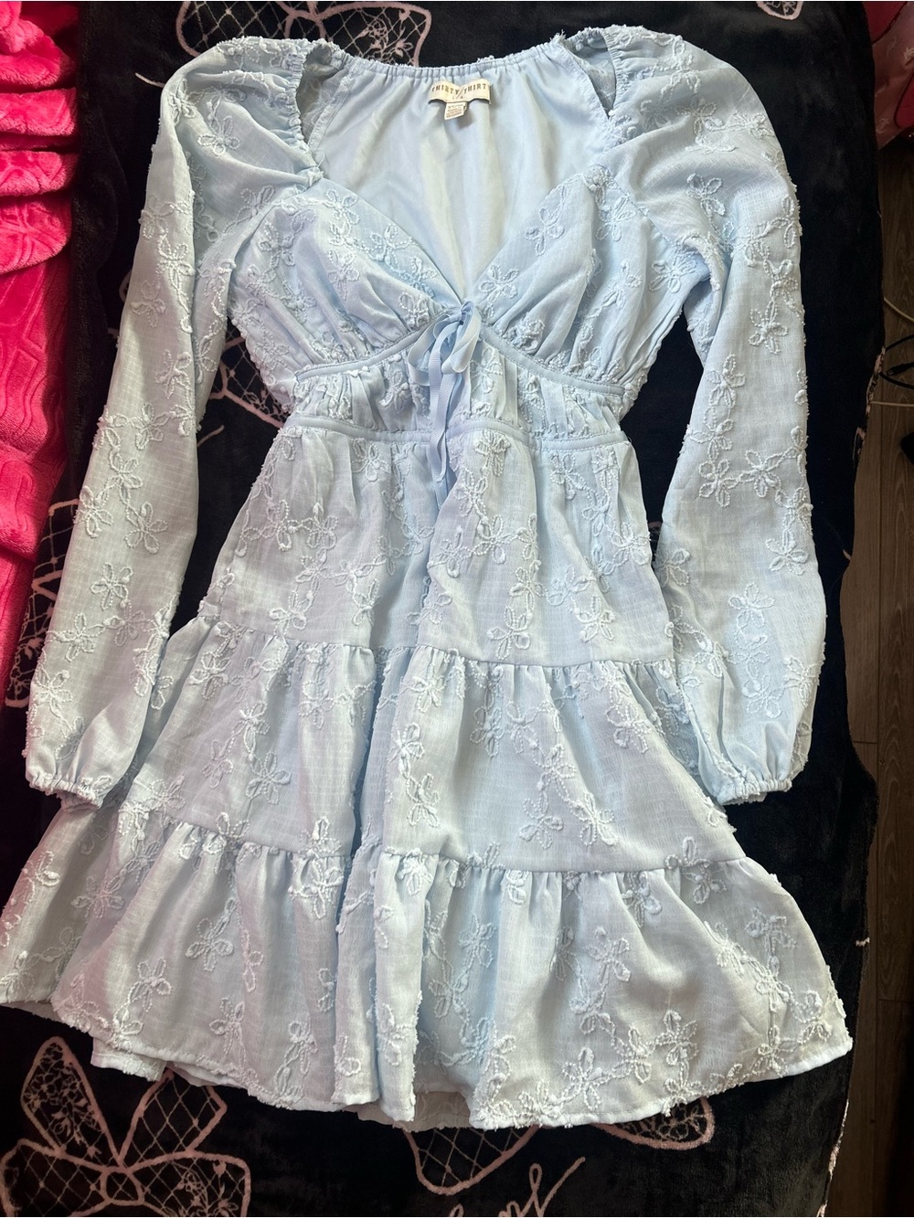 ‘Thirty / Thirty’ Baby Blue Puff Sleeve Ruffled Mini Dress w Floral Embroidery